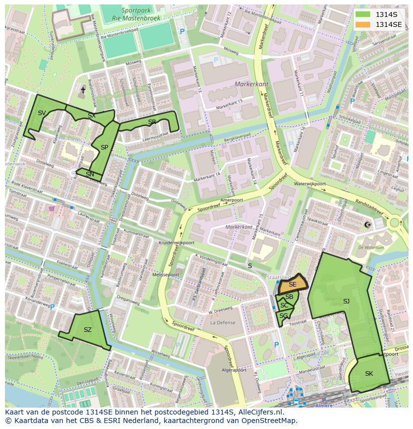 Afbeelding van het postcodegebied 1314 SE op de kaart.