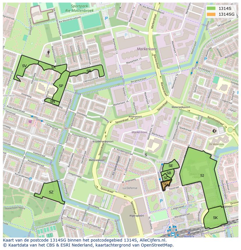 Afbeelding van het postcodegebied 1314 SG op de kaart.