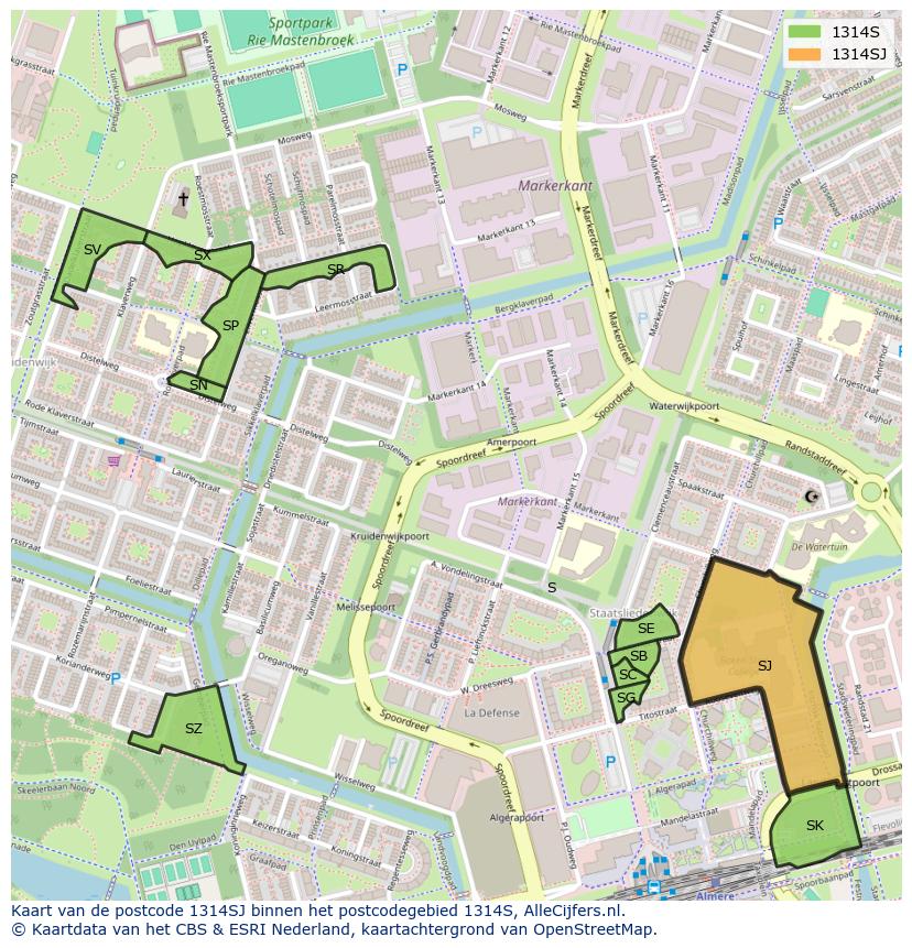 Afbeelding van het postcodegebied 1314 SJ op de kaart.