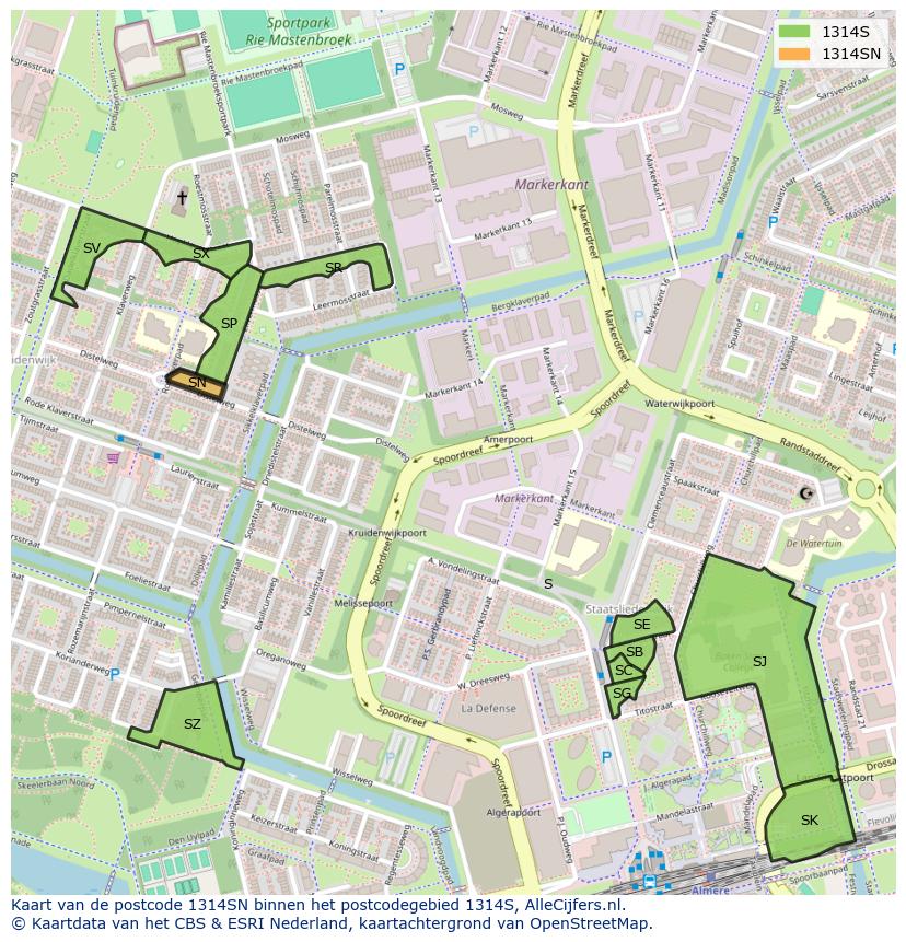 Afbeelding van het postcodegebied 1314 SN op de kaart.