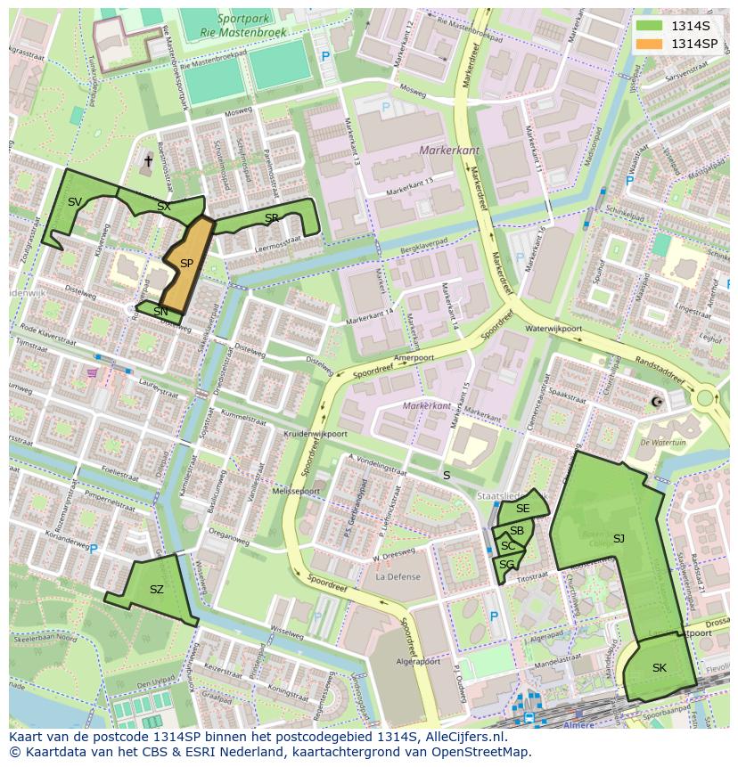 Afbeelding van het postcodegebied 1314 SP op de kaart.