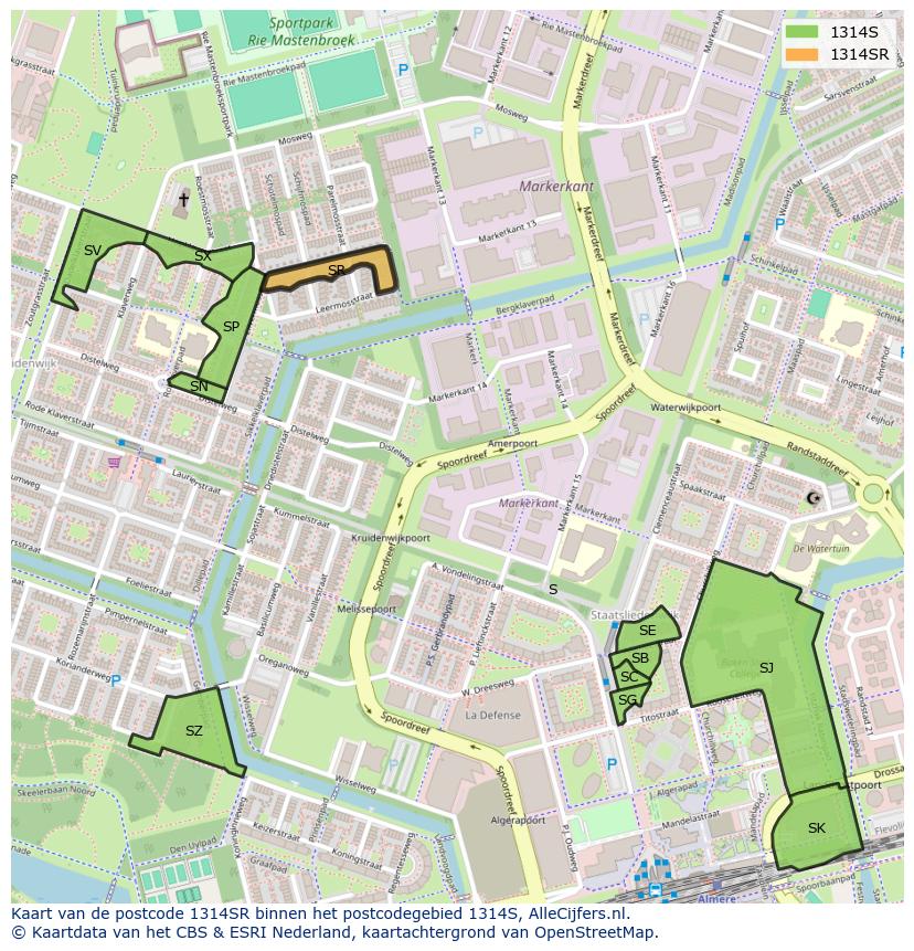 Afbeelding van het postcodegebied 1314 SR op de kaart.
