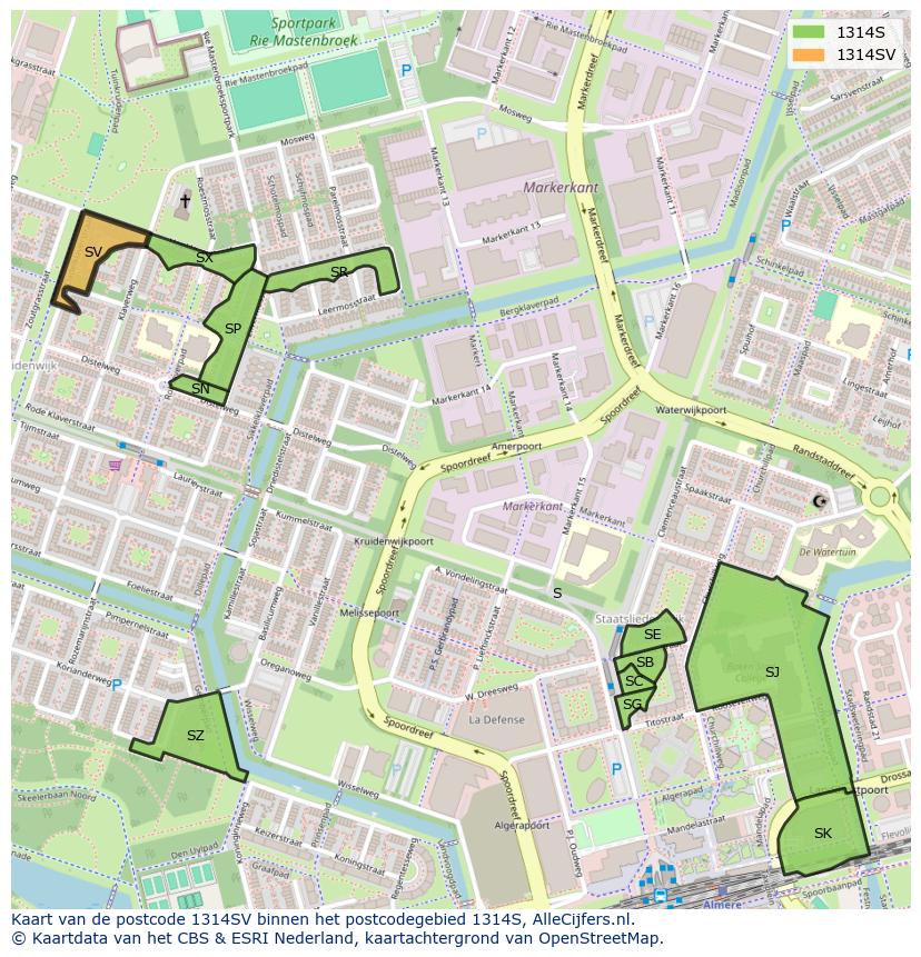 Afbeelding van het postcodegebied 1314 SV op de kaart.