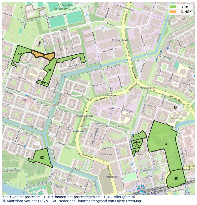Afbeelding van het postcodegebied 1314 SX op de kaart.
