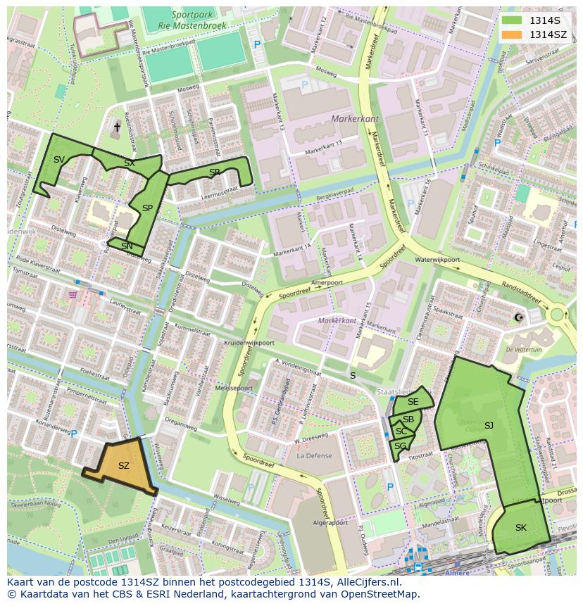 Afbeelding van het postcodegebied 1314 SZ op de kaart.