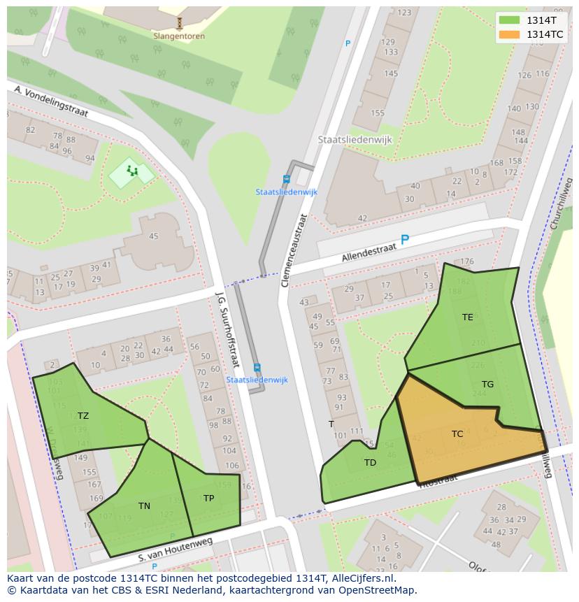 Afbeelding van het postcodegebied 1314 TC op de kaart.