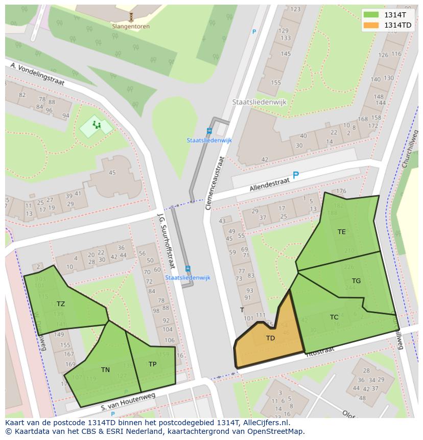 Afbeelding van het postcodegebied 1314 TD op de kaart.