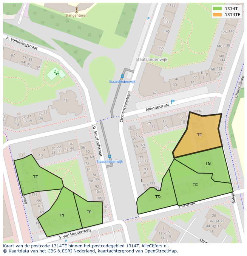 Afbeelding van het postcodegebied 1314 TE op de kaart.