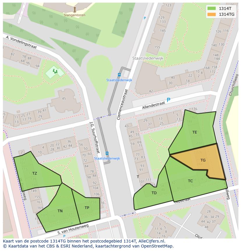 Afbeelding van het postcodegebied 1314 TG op de kaart.