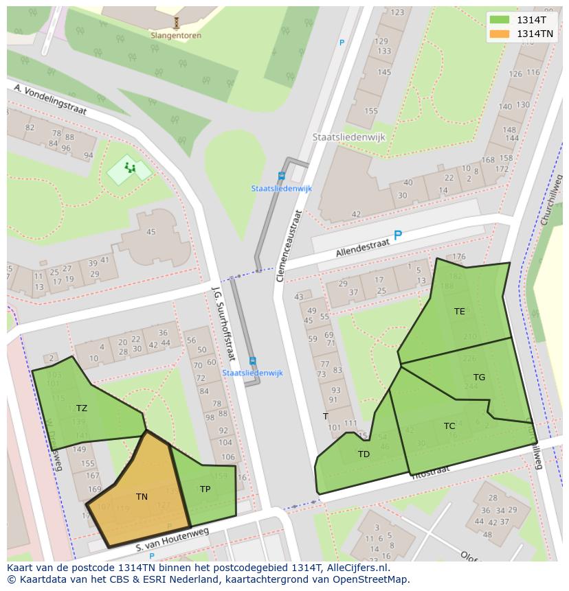 Afbeelding van het postcodegebied 1314 TN op de kaart.