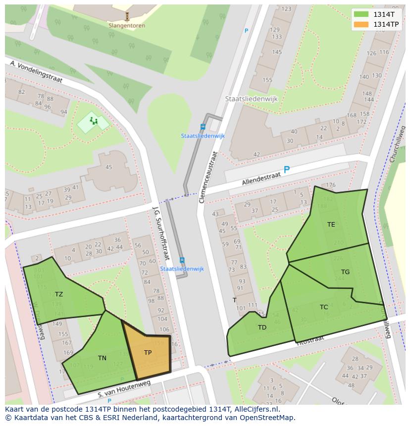 Afbeelding van het postcodegebied 1314 TP op de kaart.