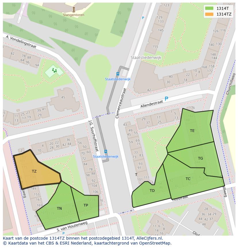 Afbeelding van het postcodegebied 1314 TZ op de kaart.