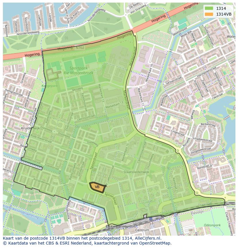 Afbeelding van het postcodegebied 1314 VB op de kaart.