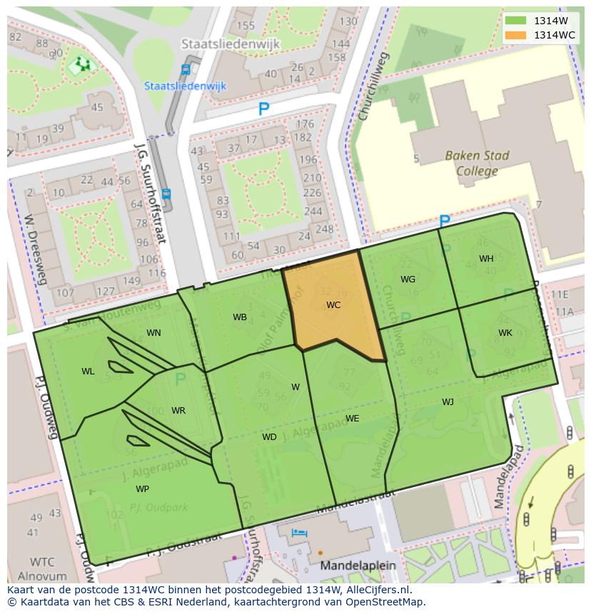 Afbeelding van het postcodegebied 1314 WC op de kaart.
