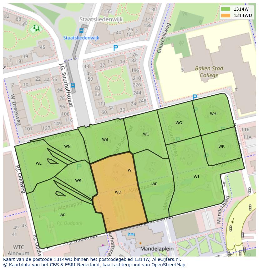 Afbeelding van het postcodegebied 1314 WD op de kaart.