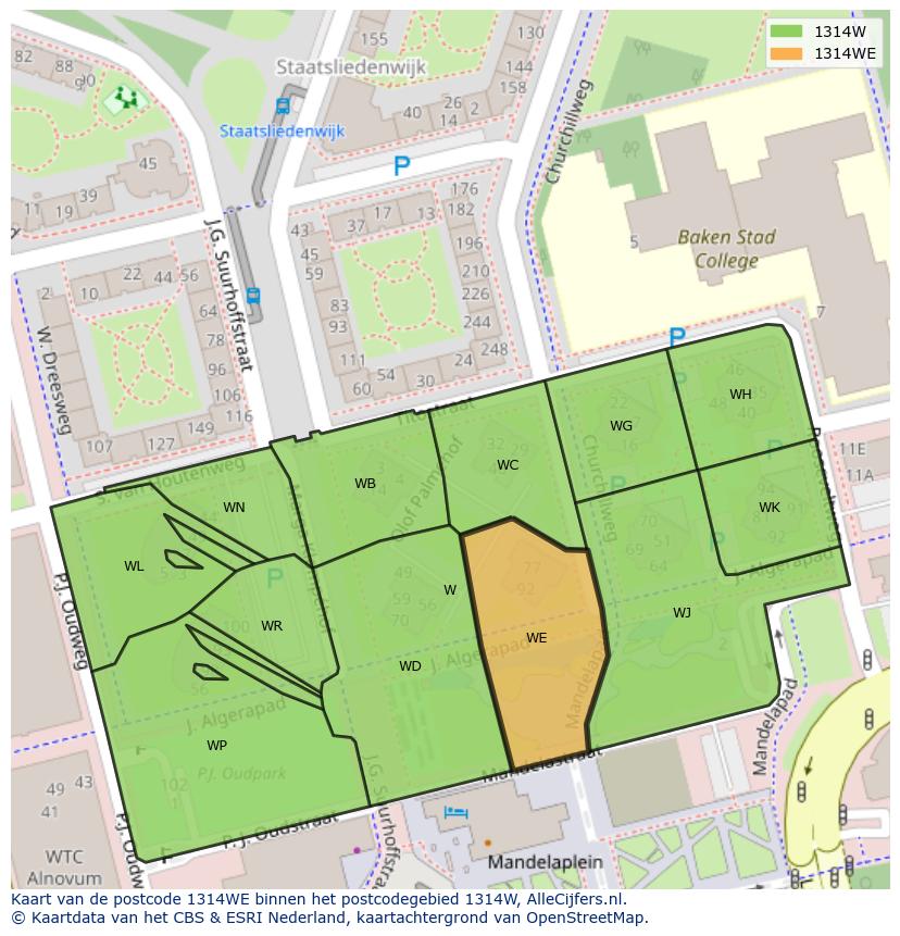 Afbeelding van het postcodegebied 1314 WE op de kaart.