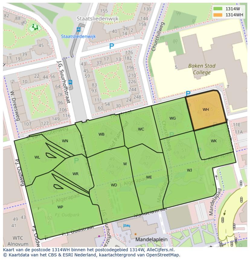 Afbeelding van het postcodegebied 1314 WH op de kaart.