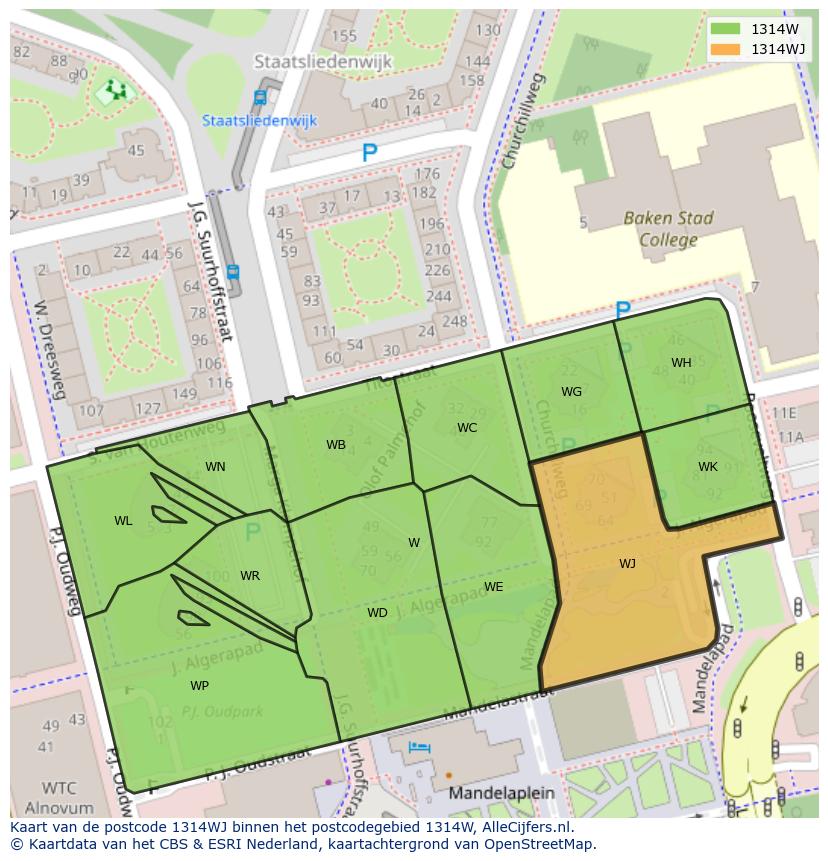Afbeelding van het postcodegebied 1314 WJ op de kaart.