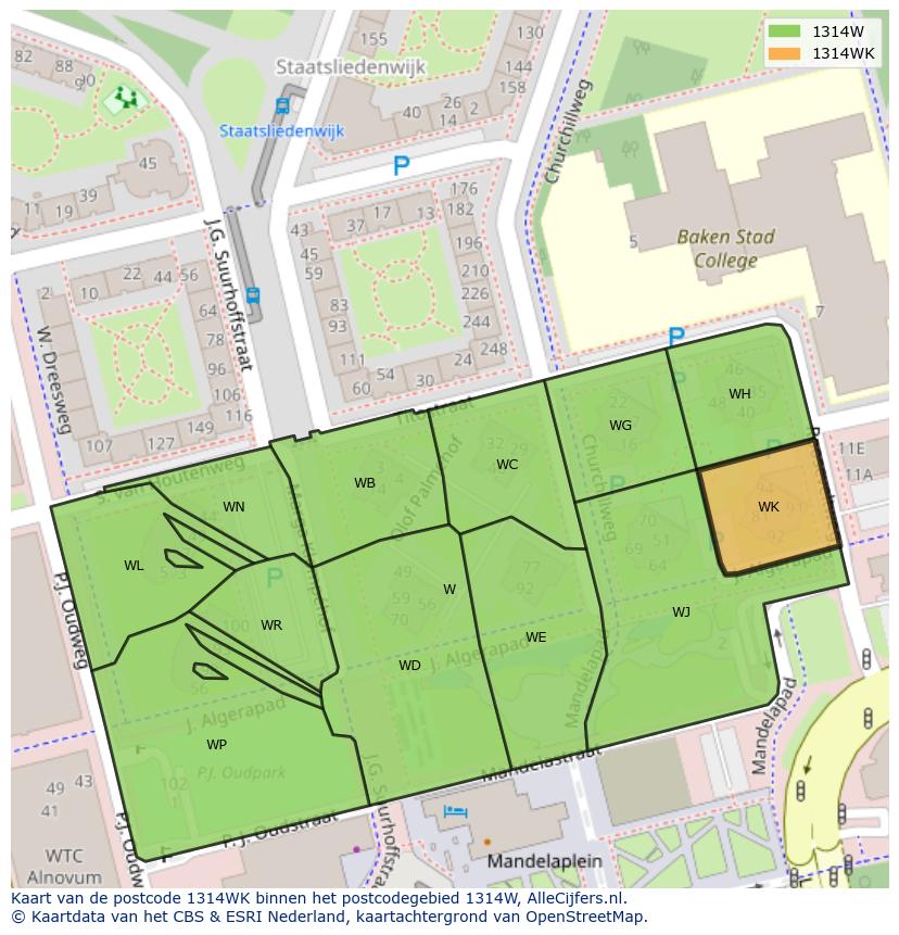 Afbeelding van het postcodegebied 1314 WK op de kaart.