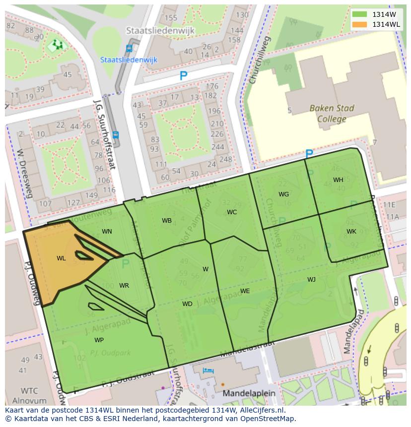 Afbeelding van het postcodegebied 1314 WL op de kaart.