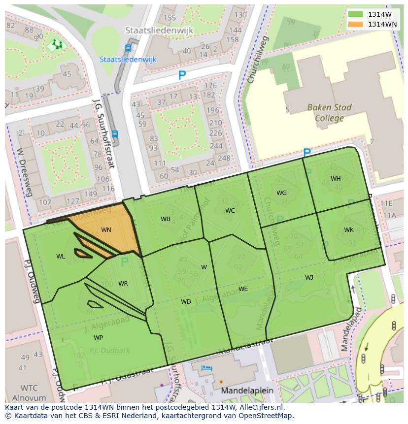 Afbeelding van het postcodegebied 1314 WN op de kaart.