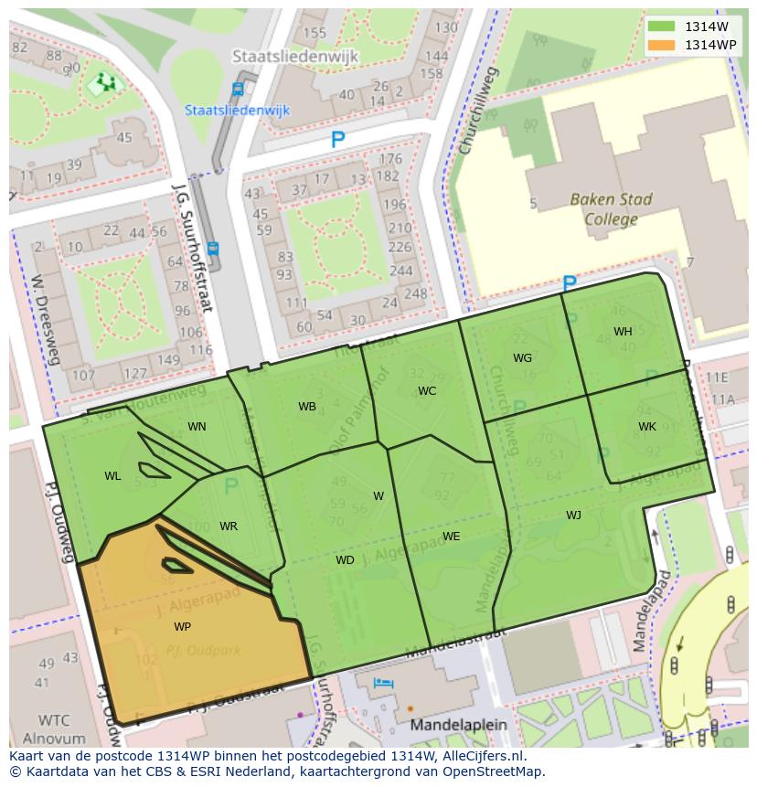 Afbeelding van het postcodegebied 1314 WP op de kaart.