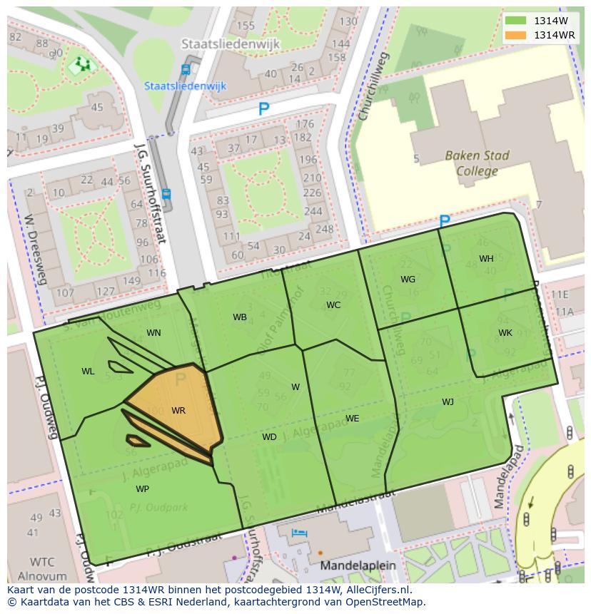 Afbeelding van het postcodegebied 1314 WR op de kaart.