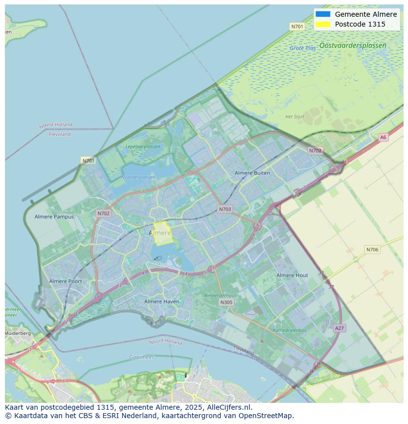 Afbeelding van het postcodegebied 1315 op de kaart.