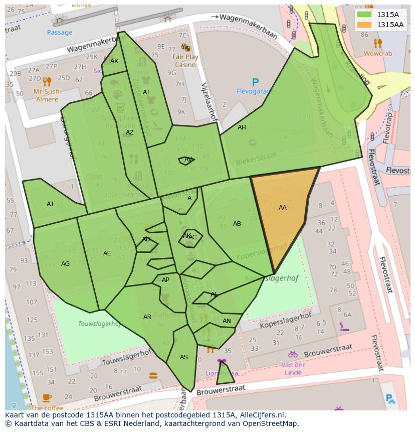 Afbeelding van het postcodegebied 1315 AA op de kaart.