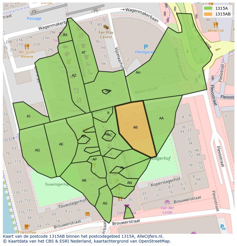 Afbeelding van het postcodegebied 1315 AB op de kaart.