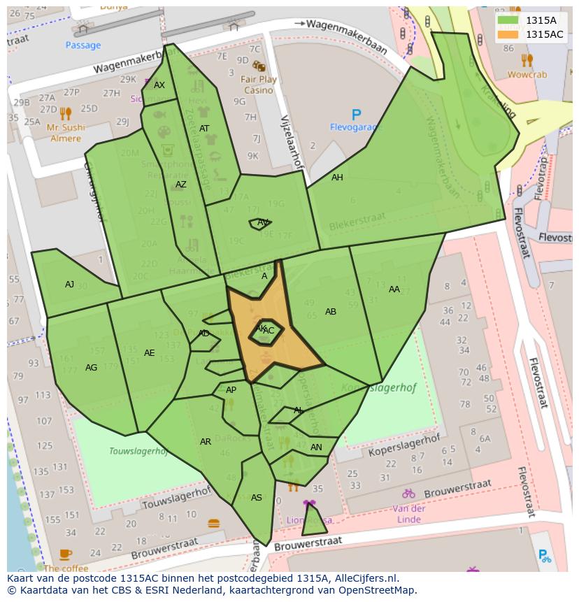 Afbeelding van het postcodegebied 1315 AC op de kaart.