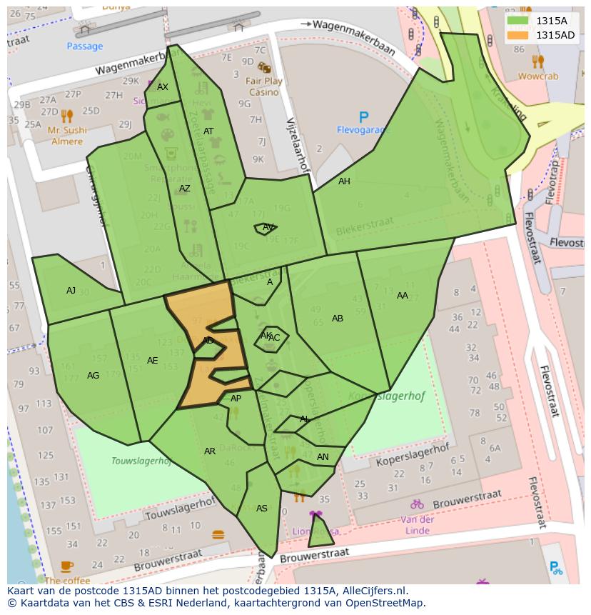 Afbeelding van het postcodegebied 1315 AD op de kaart.