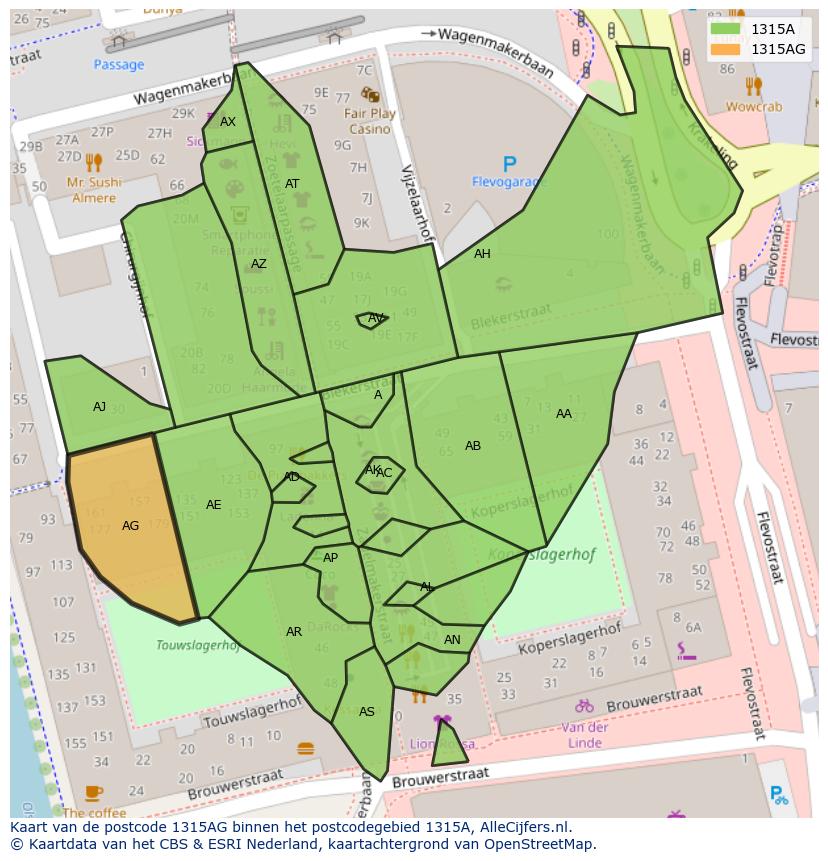 Afbeelding van het postcodegebied 1315 AG op de kaart.