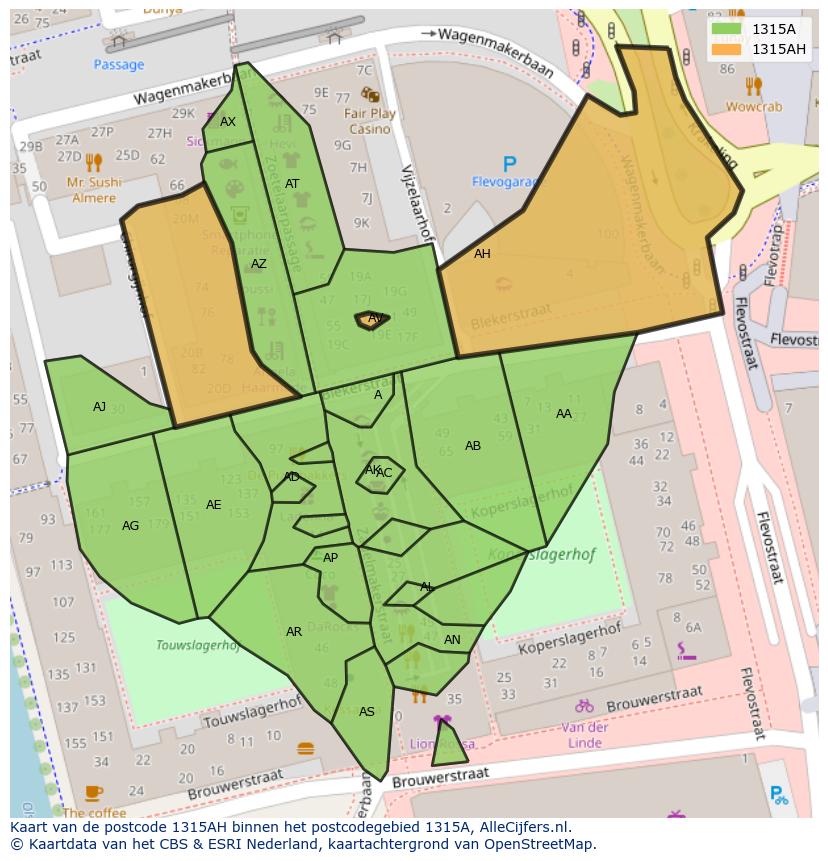 Afbeelding van het postcodegebied 1315 AH op de kaart.
