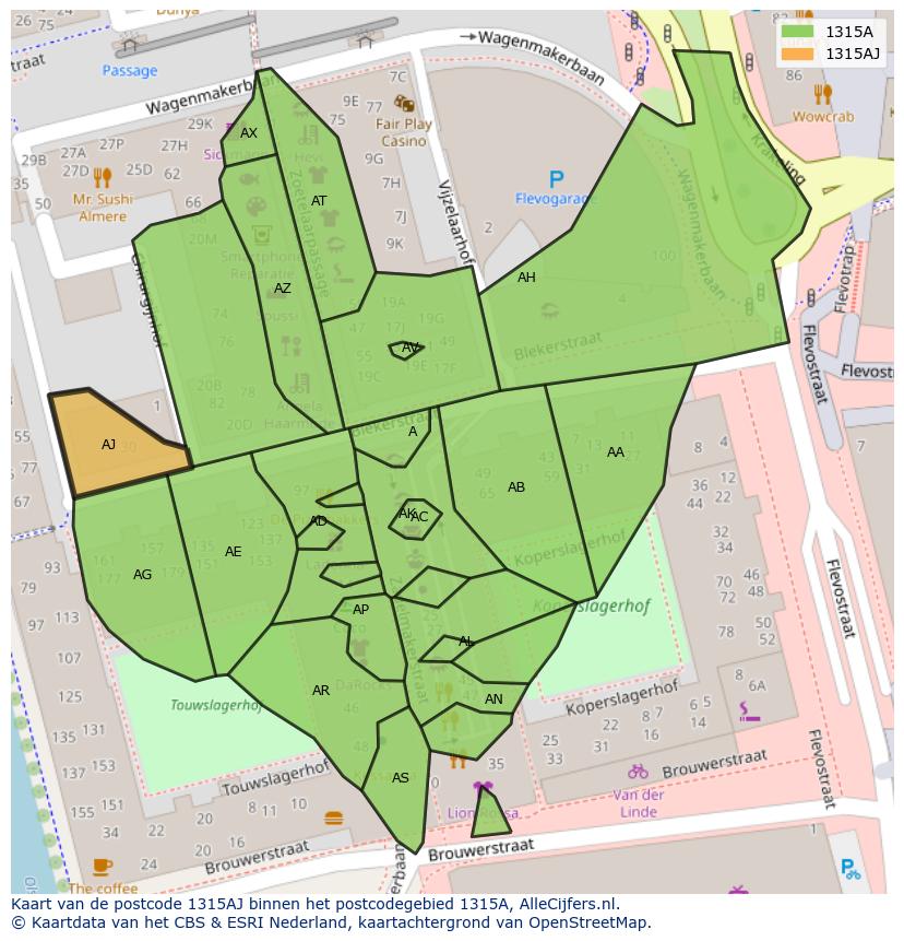 Afbeelding van het postcodegebied 1315 AJ op de kaart.