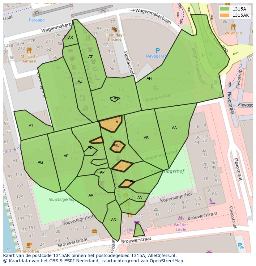 Afbeelding van het postcodegebied 1315 AK op de kaart.