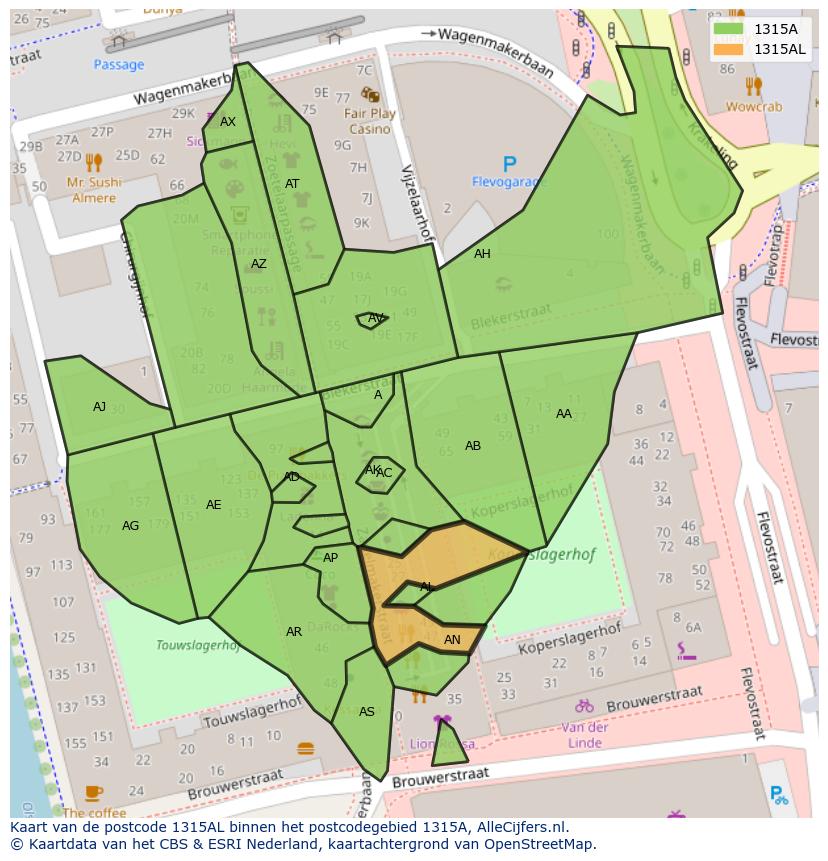 Afbeelding van het postcodegebied 1315 AL op de kaart.