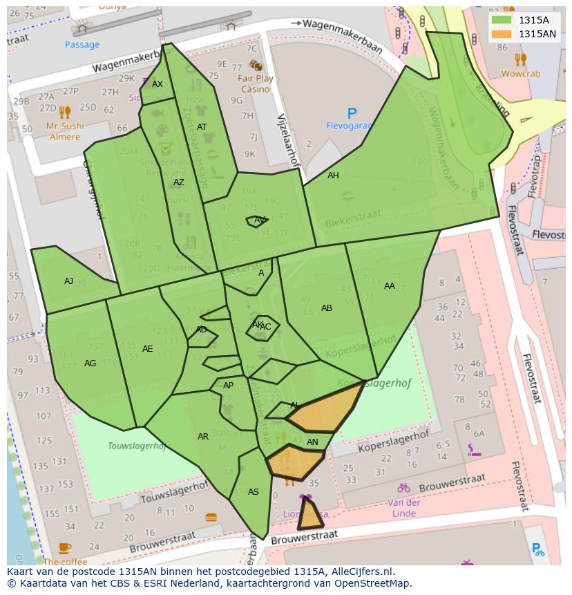 Afbeelding van het postcodegebied 1315 AN op de kaart.