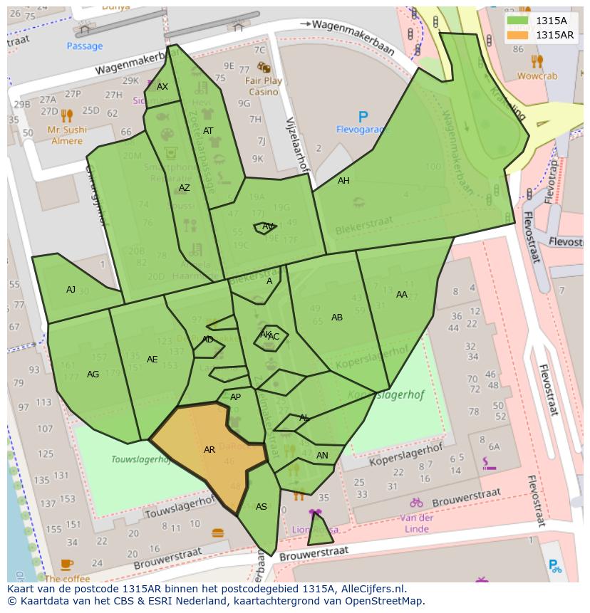 Afbeelding van het postcodegebied 1315 AR op de kaart.
