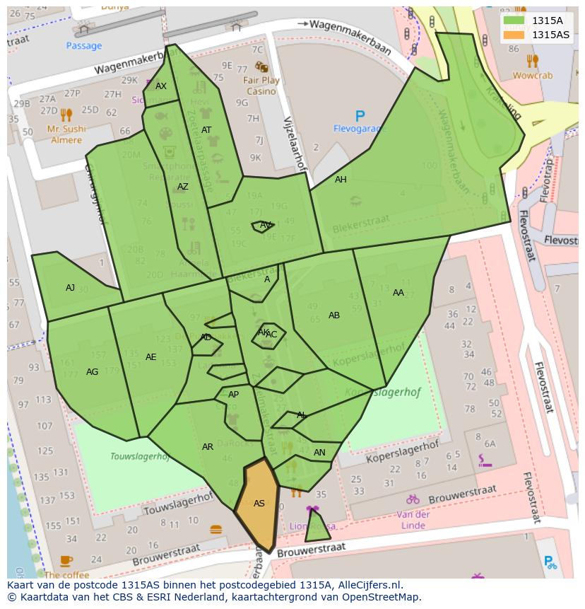 Afbeelding van het postcodegebied 1315 AS op de kaart.