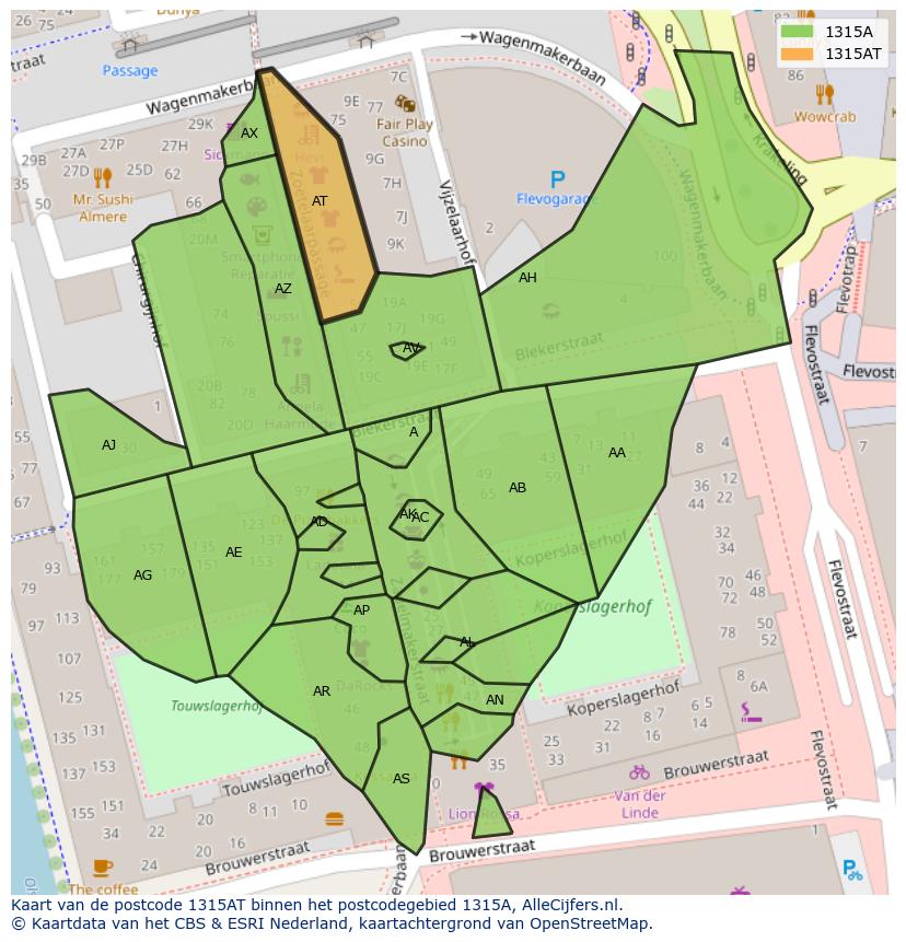 Afbeelding van het postcodegebied 1315 AT op de kaart.