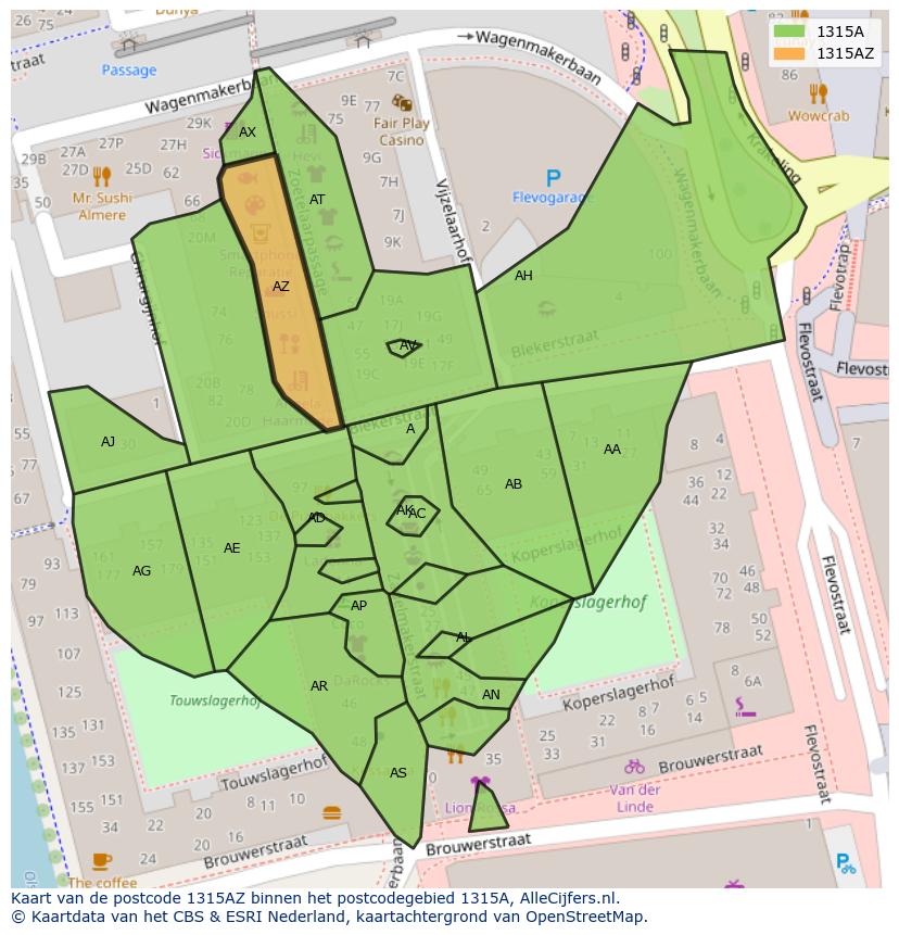 Afbeelding van het postcodegebied 1315 AZ op de kaart.