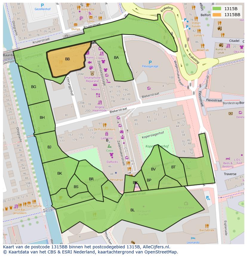 Afbeelding van het postcodegebied 1315 BB op de kaart.