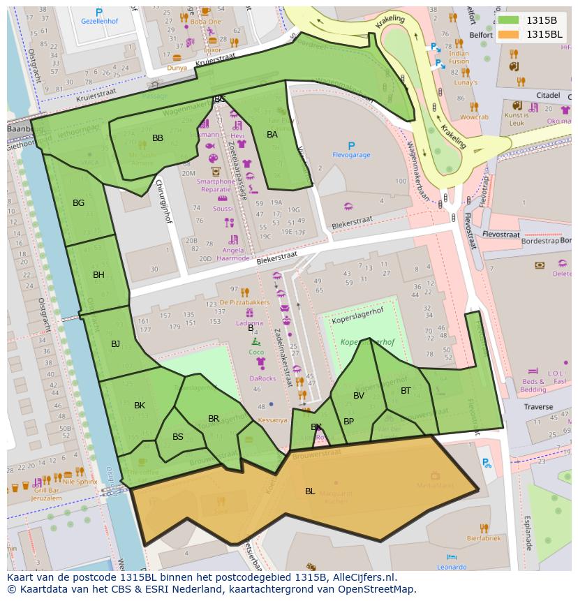 Afbeelding van het postcodegebied 1315 BL op de kaart.