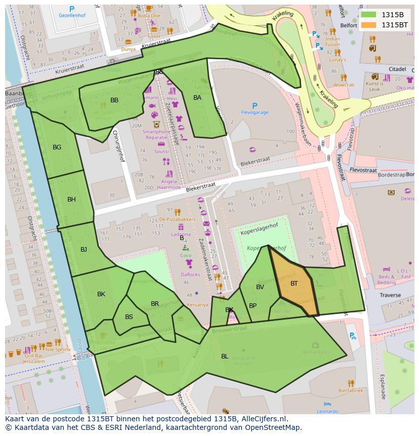 Afbeelding van het postcodegebied 1315 BT op de kaart.