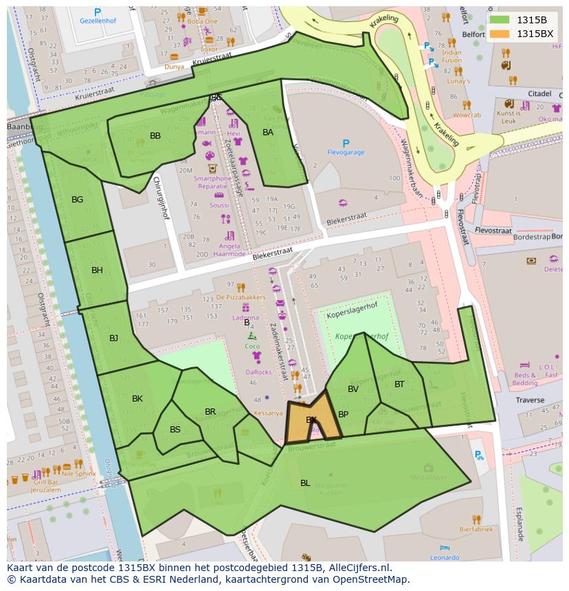 Afbeelding van het postcodegebied 1315 BX op de kaart.
