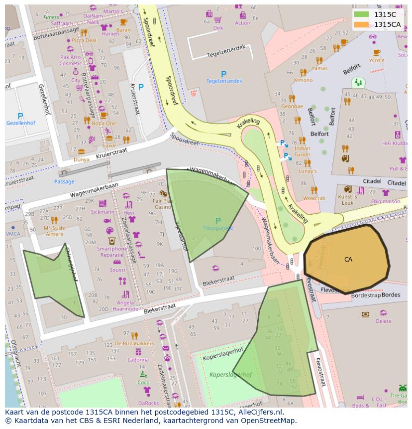 Afbeelding van het postcodegebied 1315 CA op de kaart.