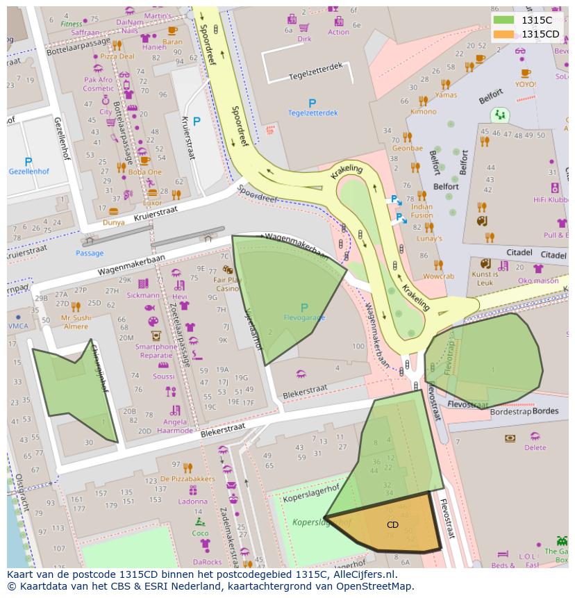 Afbeelding van het postcodegebied 1315 CD op de kaart.