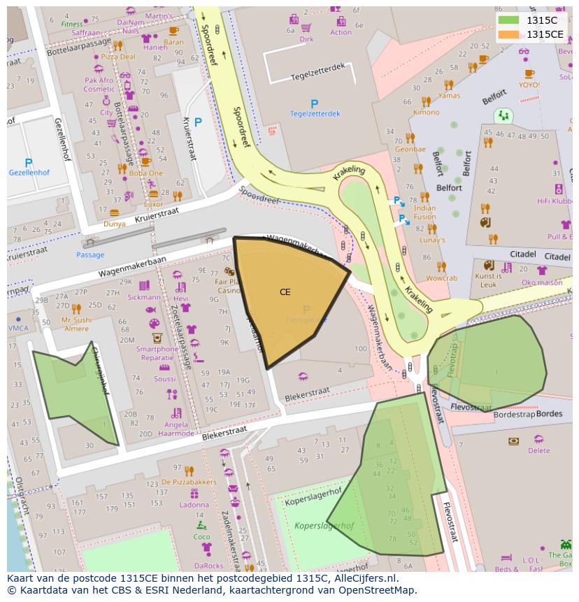 Afbeelding van het postcodegebied 1315 CE op de kaart.
