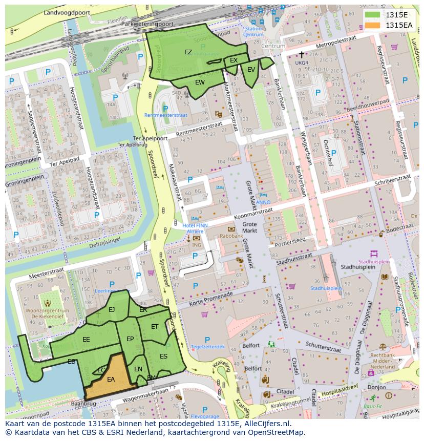 Afbeelding van het postcodegebied 1315 EA op de kaart.